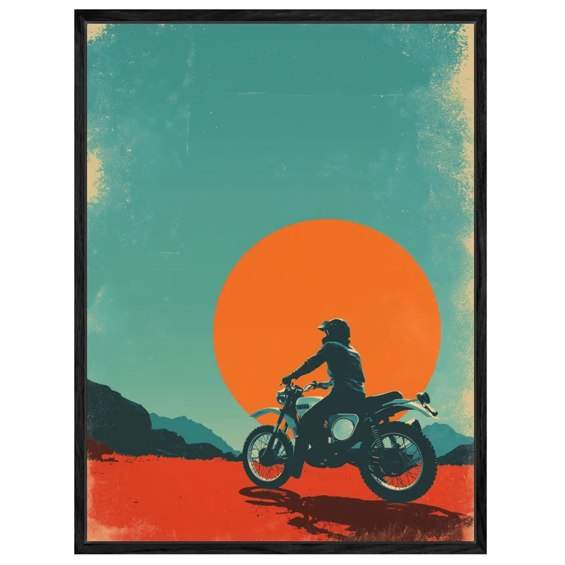 Motorradfahrer vor Sonne Leinwandbild