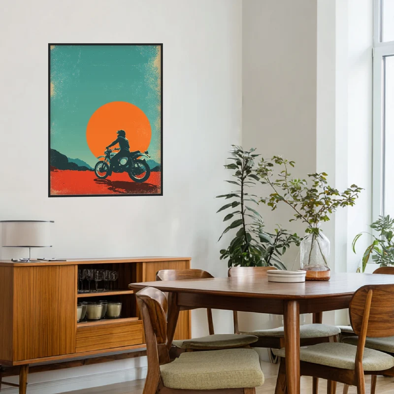 Motorradfahrer vor Sonne Poster
