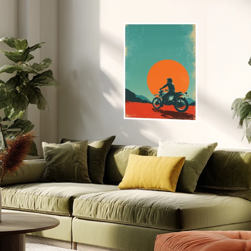 Motorradfahrer vor Sonne Poster
