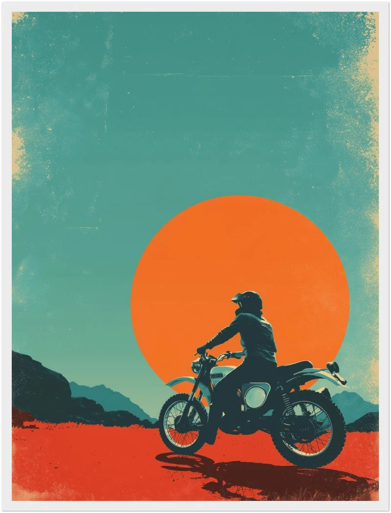 Motorradfahrer vor Sonne Poster