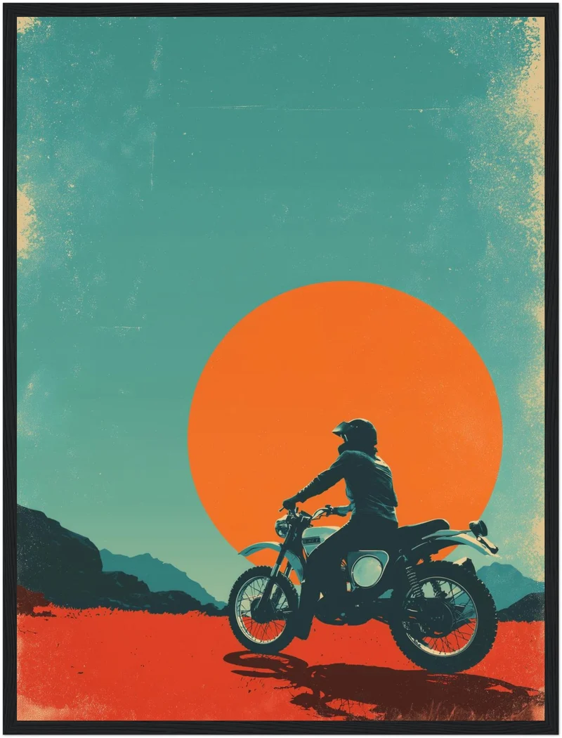 Motorradfahrer vor Sonne Poster