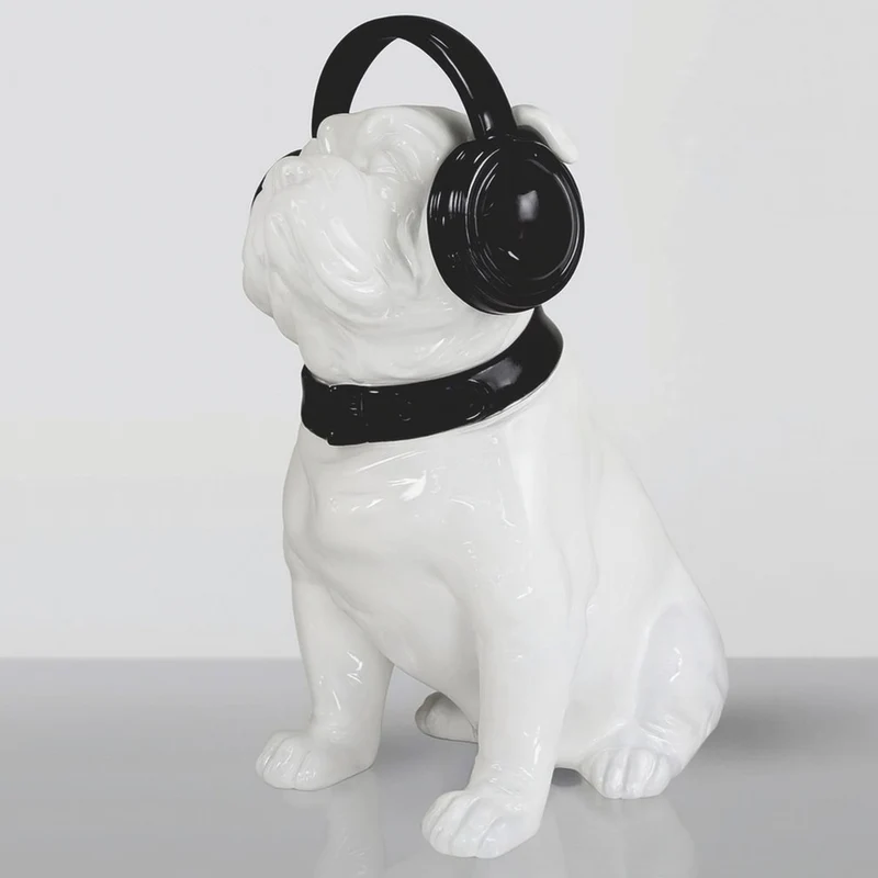 Casa Padrino Deko Skulptur Hund Bulldogge mit Kopfhörern Weiß / Schwarz H. 120 cm