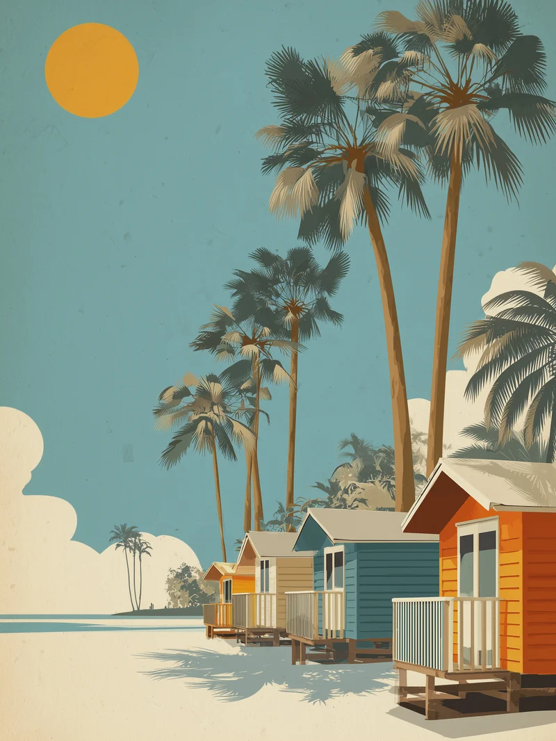 Strandhäuser mit Palmen Poster