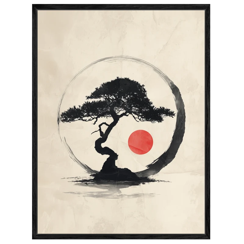 Bonsai mit roter Sonne Leinwandbild