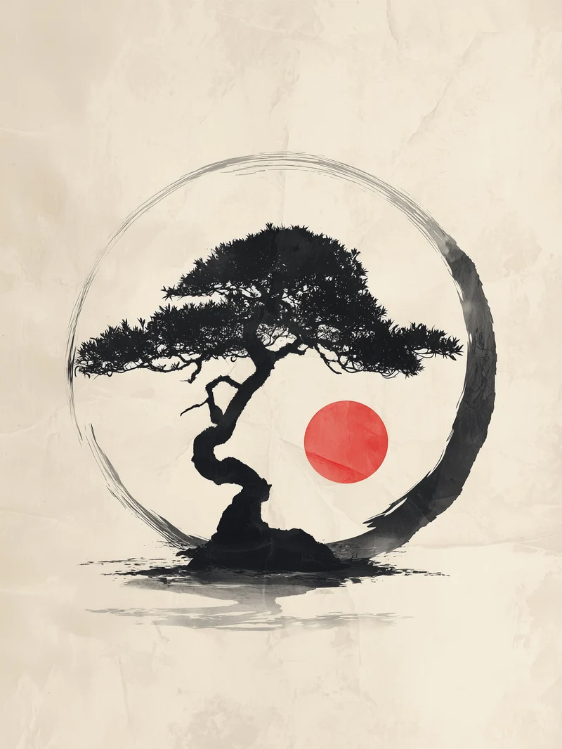Bonsai mit roter Sonne Poster