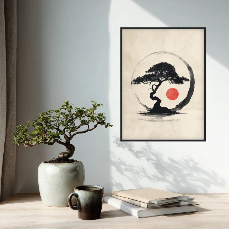 Bonsai mit roter Sonne Poster