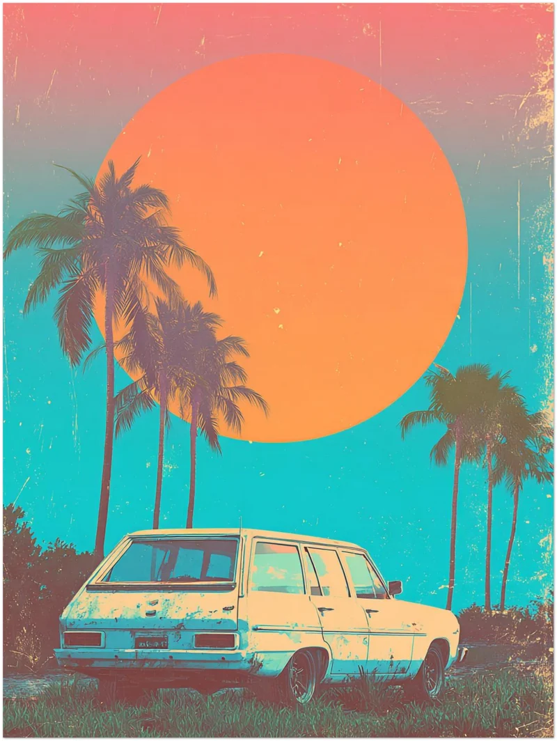 Weißer Kombi vor Palmen Leinwandbild