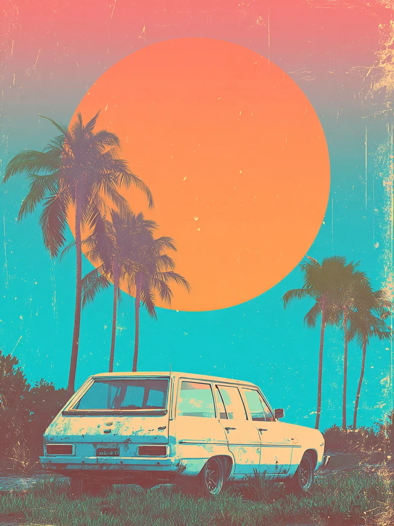 Weißer Kombi vor Palmen Poster