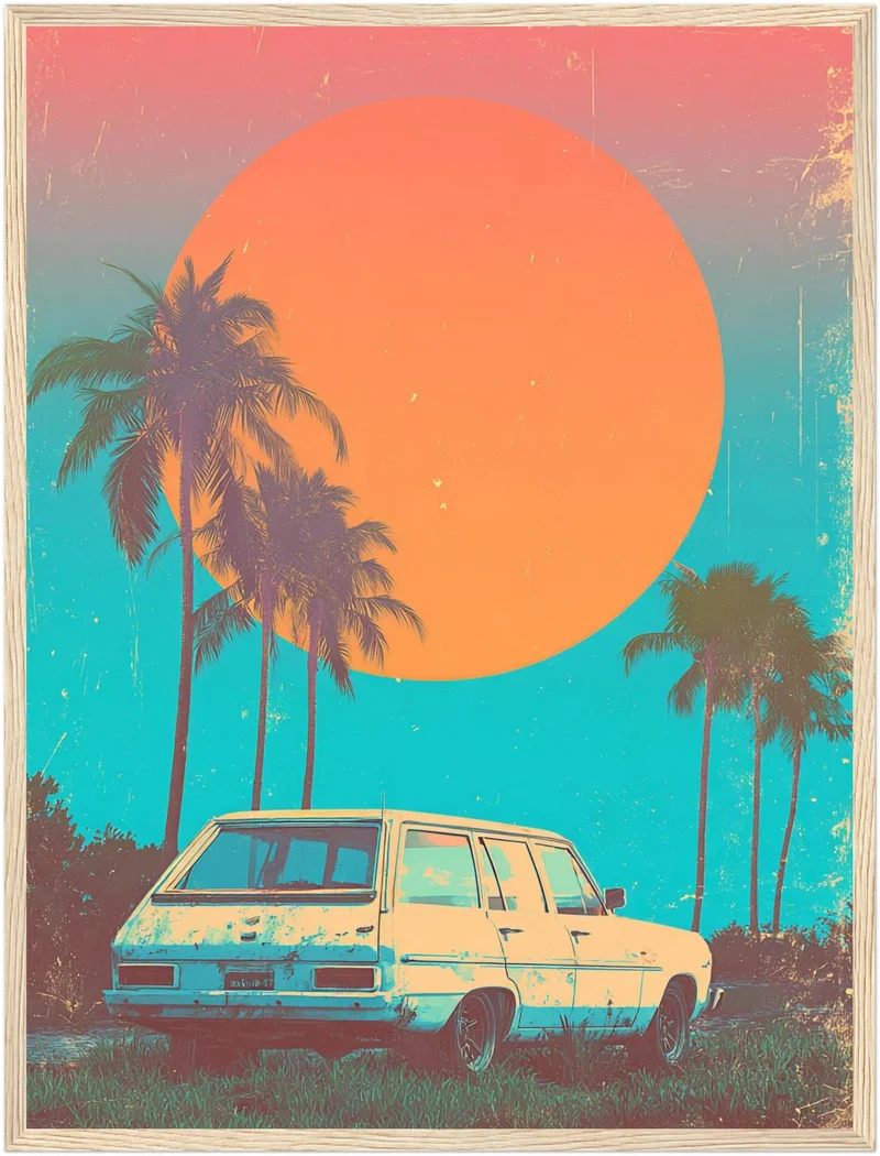 Weißer Kombi vor Palmen Poster