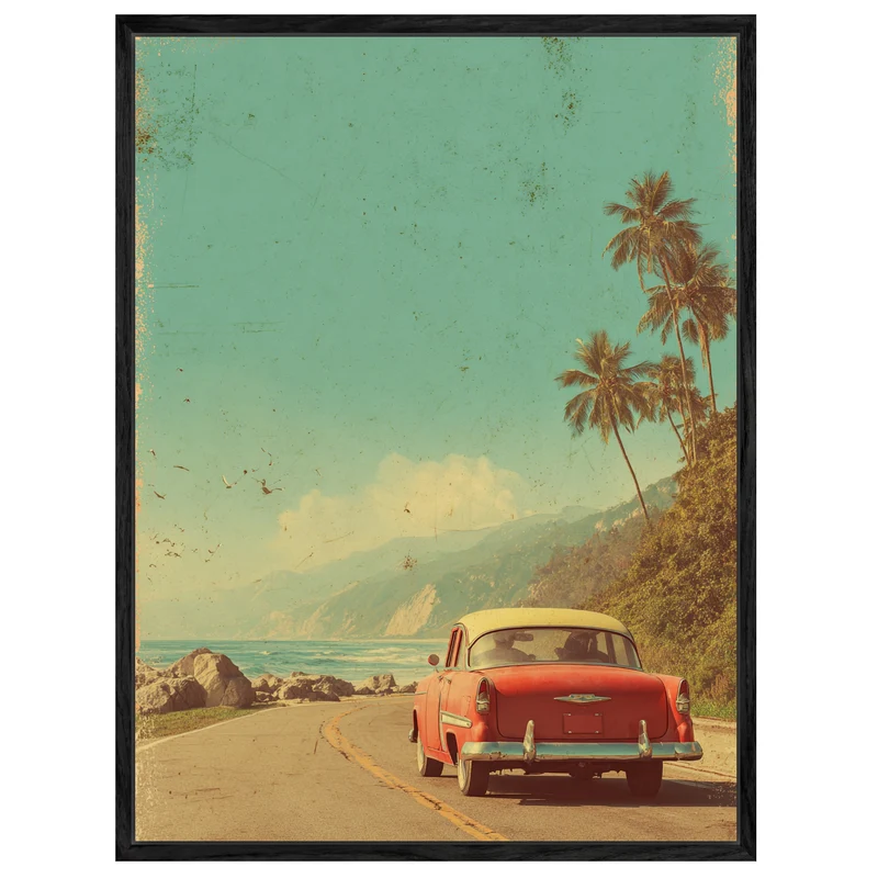 Rotes Auto an Küstenstraße Leinwandbild