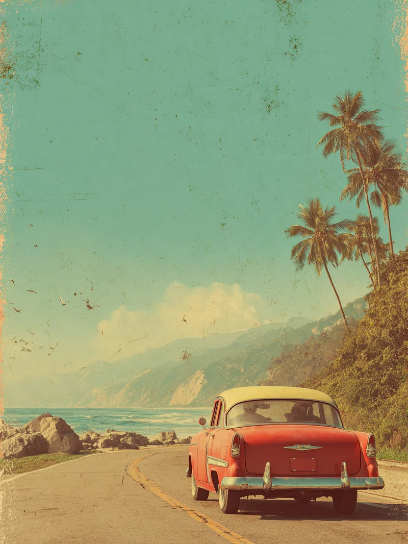 Rotes Auto an Küstenstraße Poster