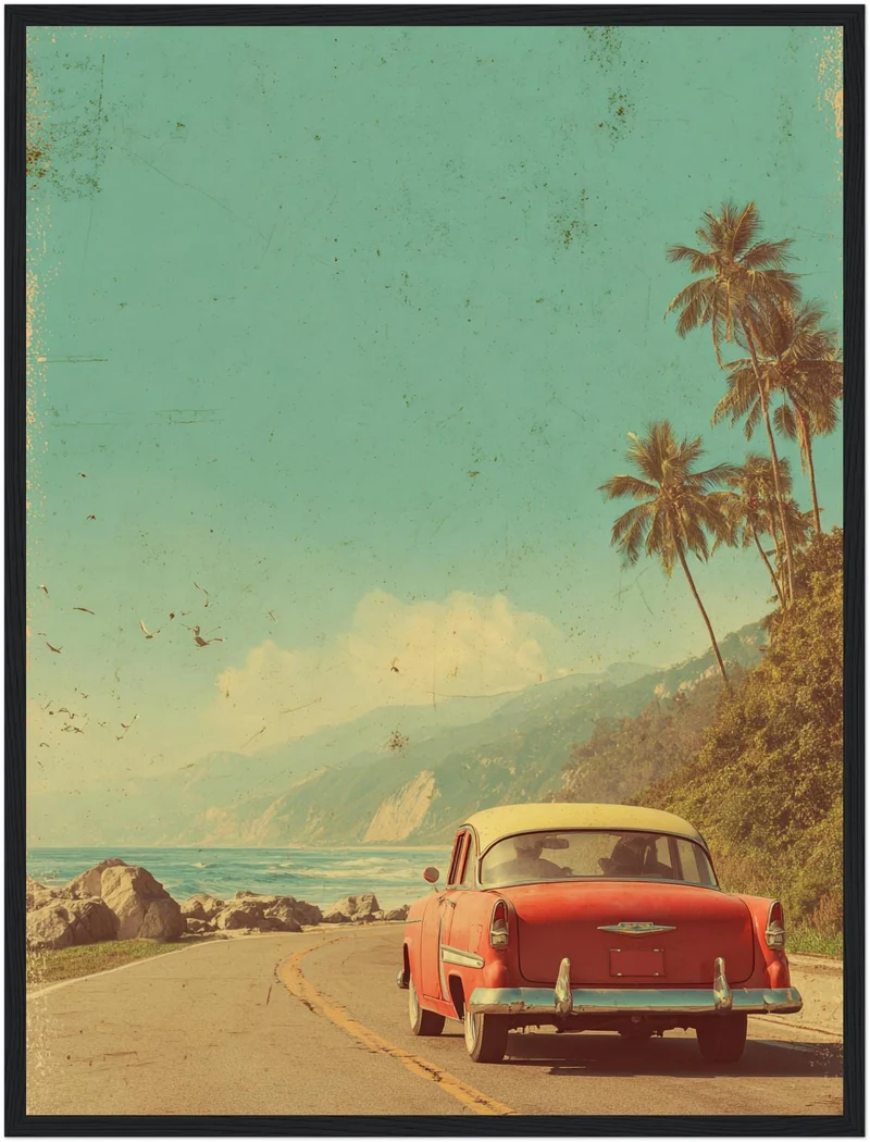 Rotes Auto an Küstenstraße Poster