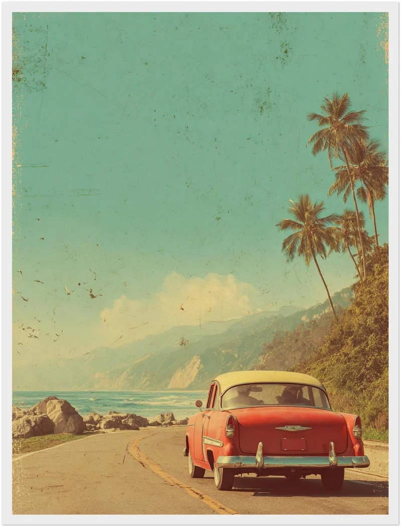 Rotes Auto an Küstenstraße Poster