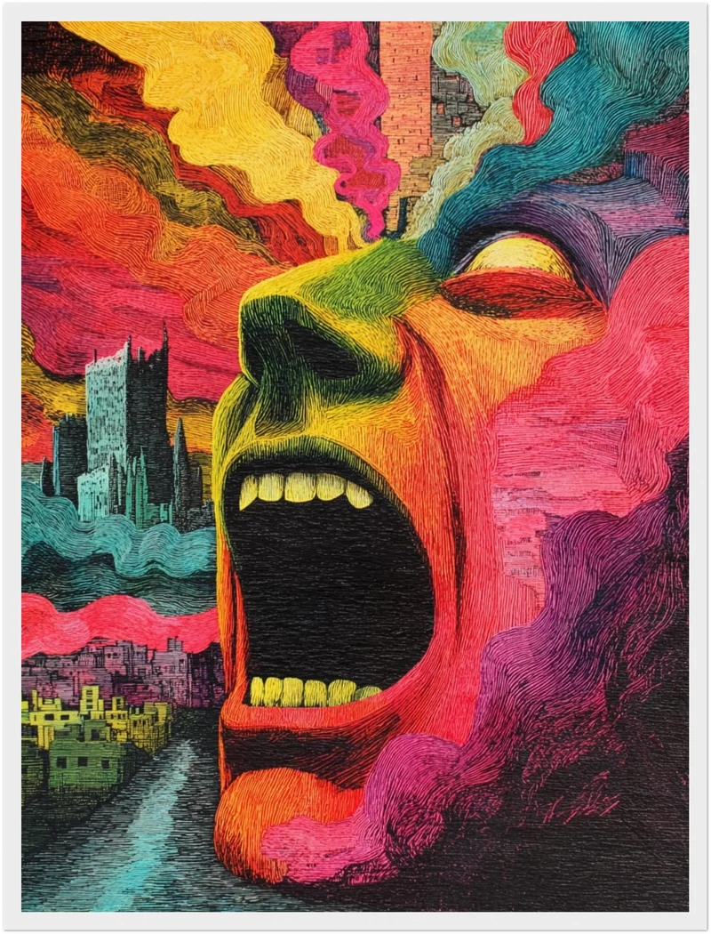 Schreiendes Gesicht mit Farbenrausch Poster