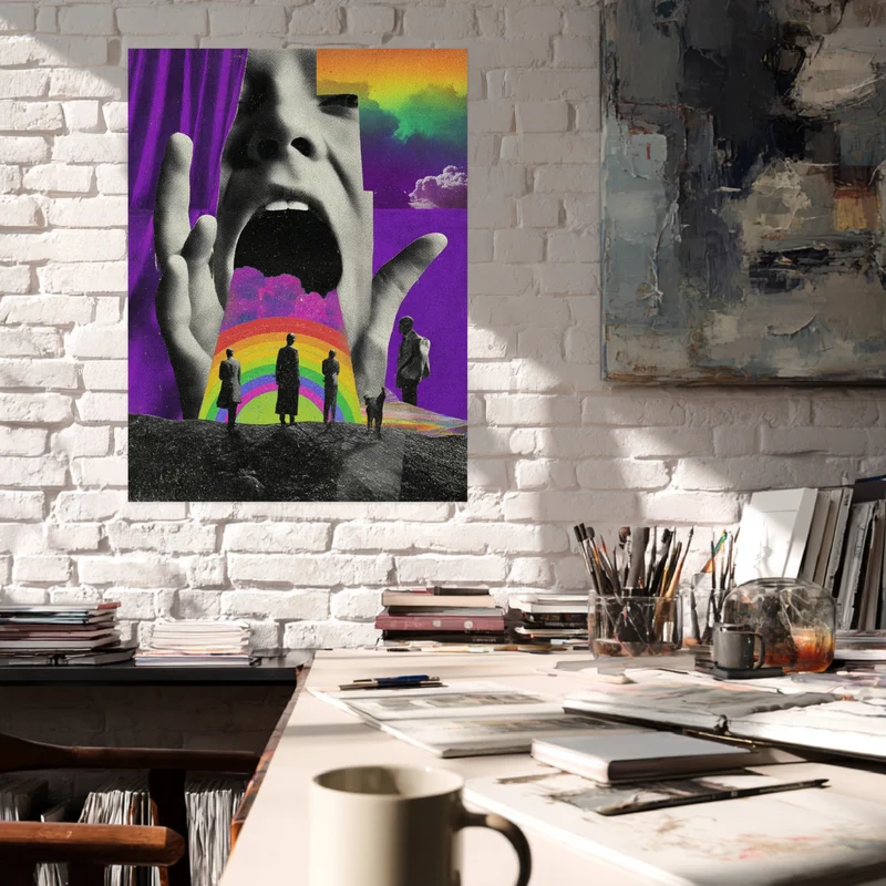 Schreiendes Gesicht mit Regenbogen Poster