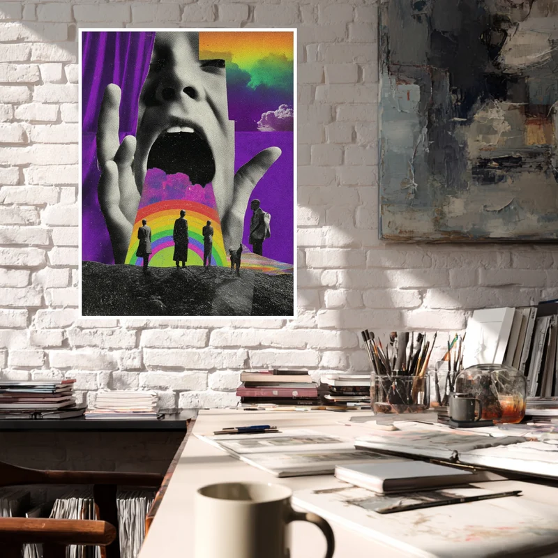 Schreiendes Gesicht mit Regenbogen Poster