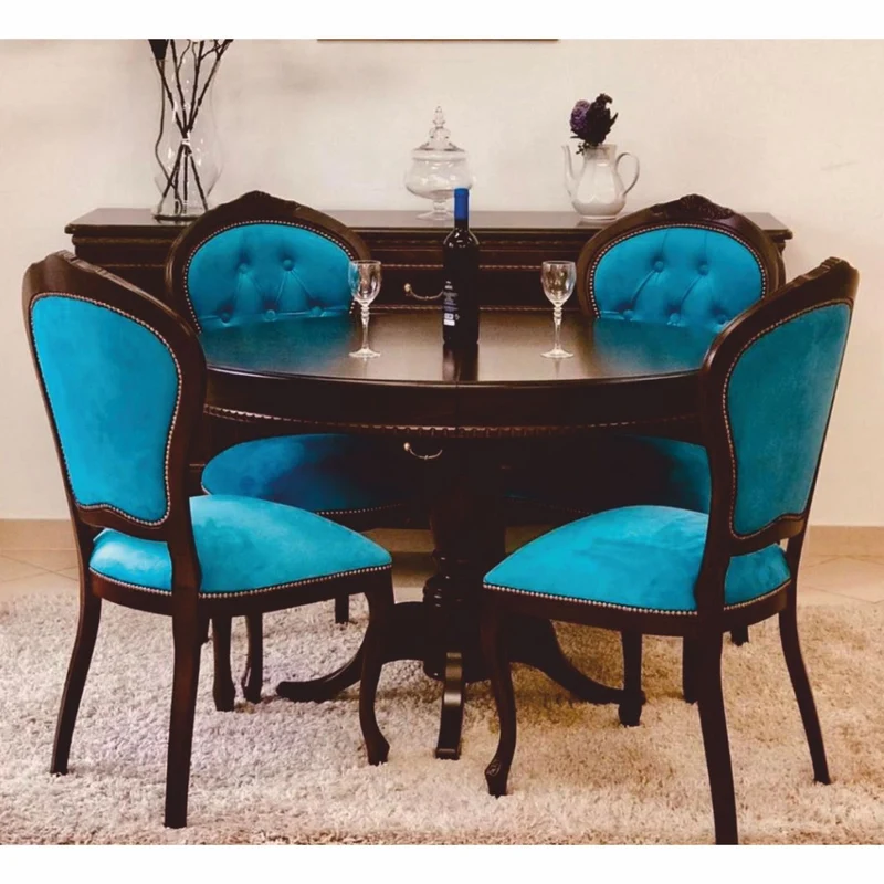 Casa Padrino Luxus Barock Esszimmer Set Dunkelbraun / Blau - 1 ausziehbarer Esstisch & 4 Stühle