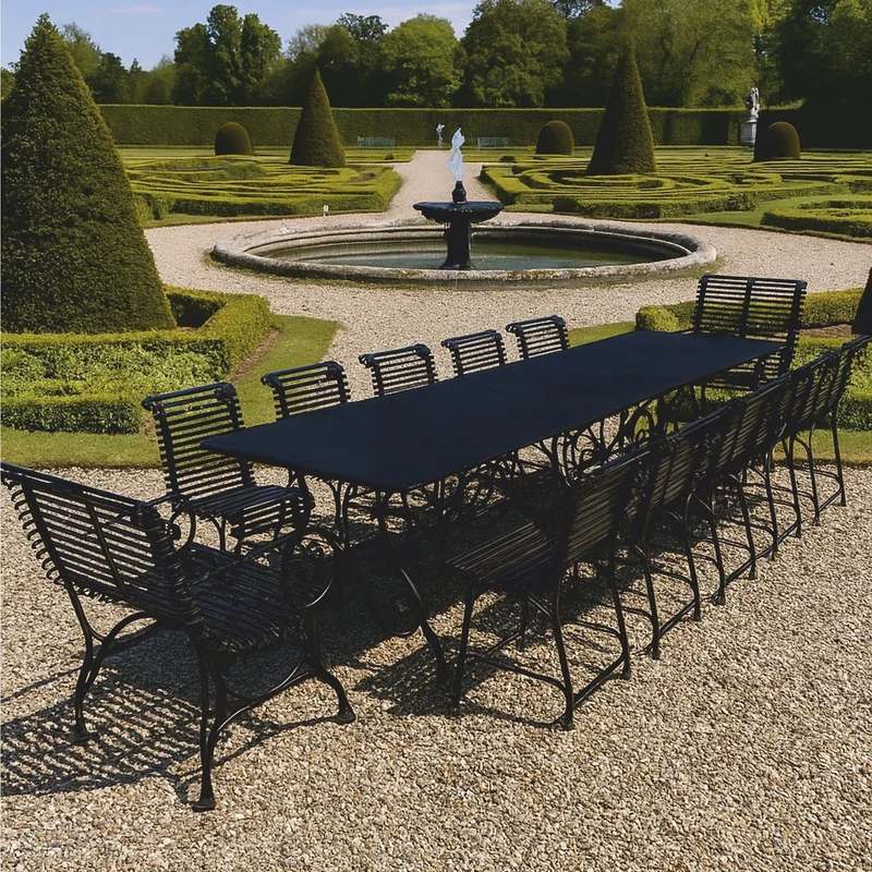 Casa Padrino Jugendstil Schmiedeeisen Garten Möbel Set Schwarz - 1 Tisch & 12 Stühle