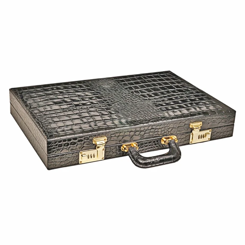 Casa Padrino Luxus Echtleder Backgammon Aktenkoffer Schwarz Kroko Optik - Luxus Accessoires