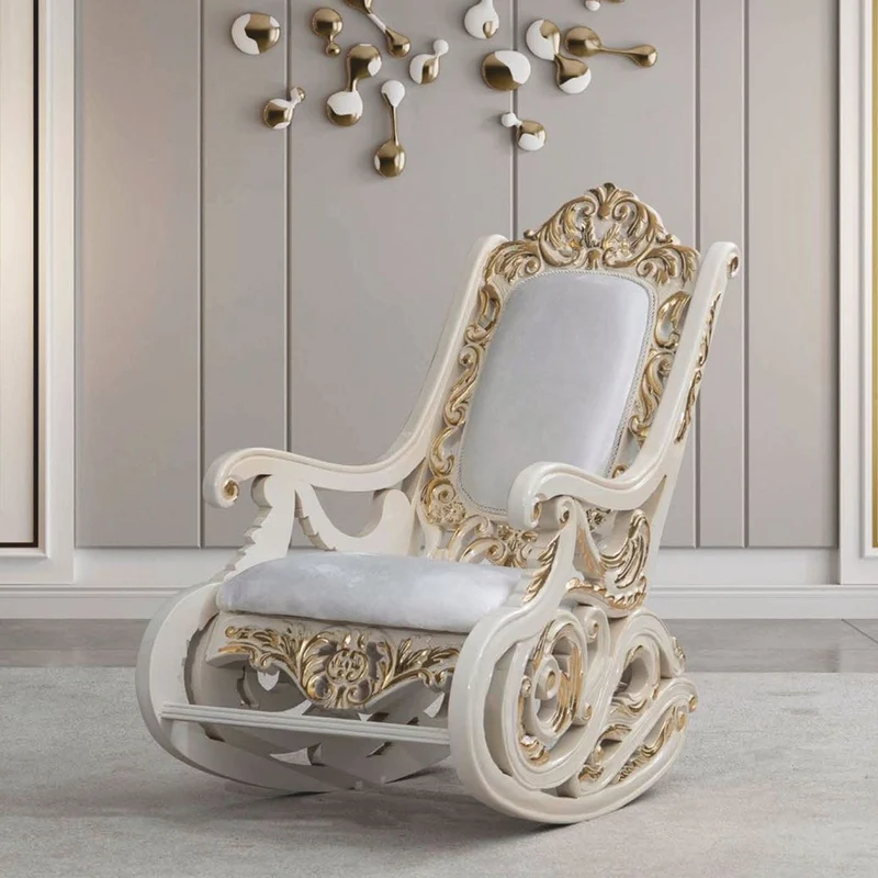Casa Padrino Luxus Barock Schaukelsessel Weiß / Creme / Gold - Barock Möbel