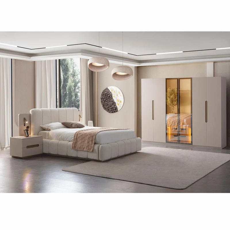 Casa Padrino Luxus Schlafzimmer Set Weiß / Grau - 1 Doppelbett & 2 Nachttische