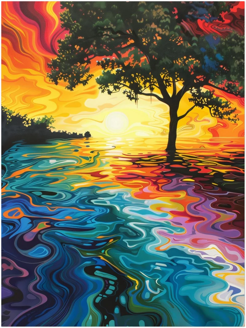 Baum am Sonnenuntergangssee Leinwandbild