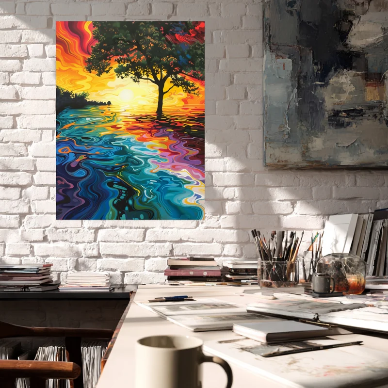 Baum am Sonnenuntergangssee Poster