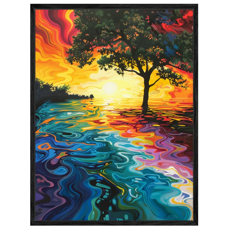 Baum am Sonnenuntergangssee Leinwandbild