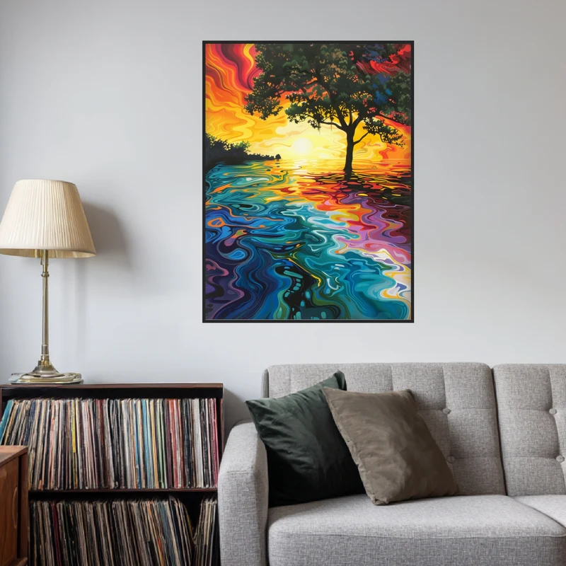 Baum am Sonnenuntergangssee Poster