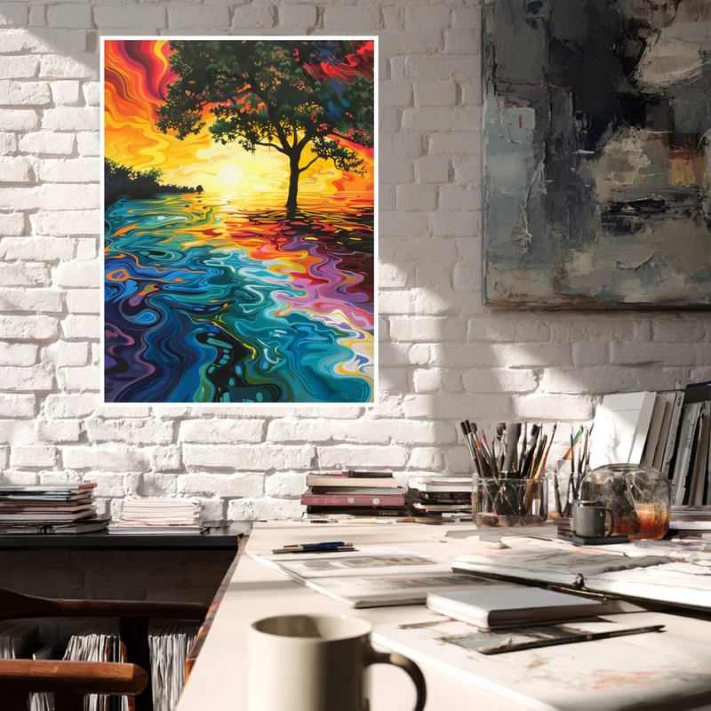 Baum am Sonnenuntergangssee Poster