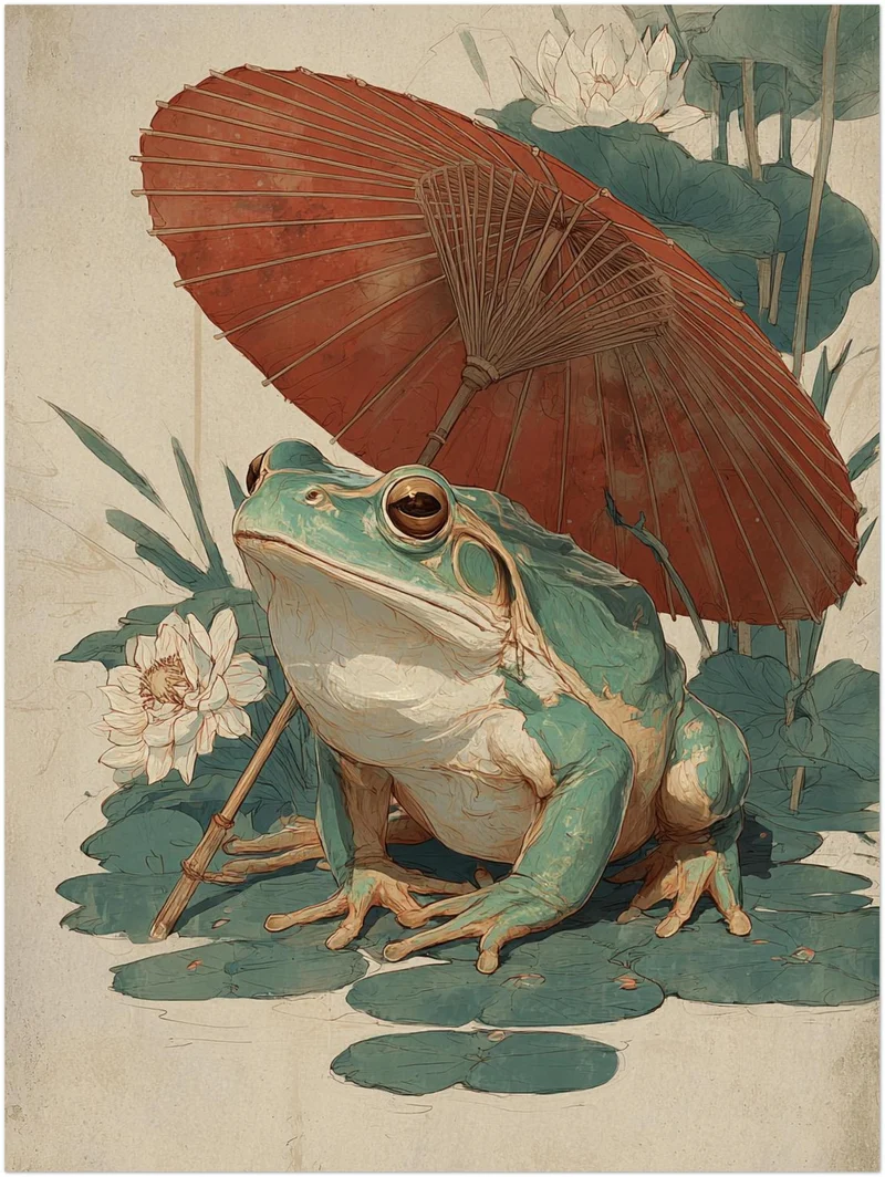 Frosch mit rotem Schirm Leinwandbild