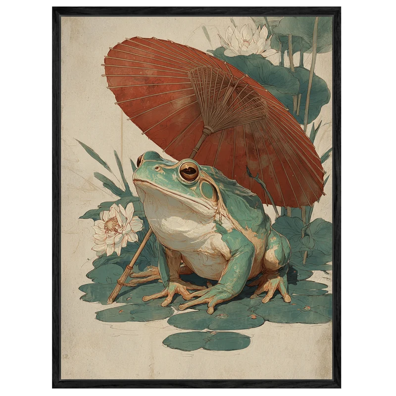 Frosch mit rotem Schirm Leinwandbild