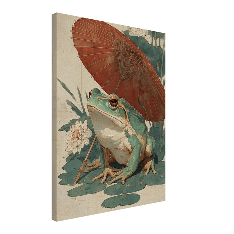 Frosch mit rotem Schirm Leinwandbild