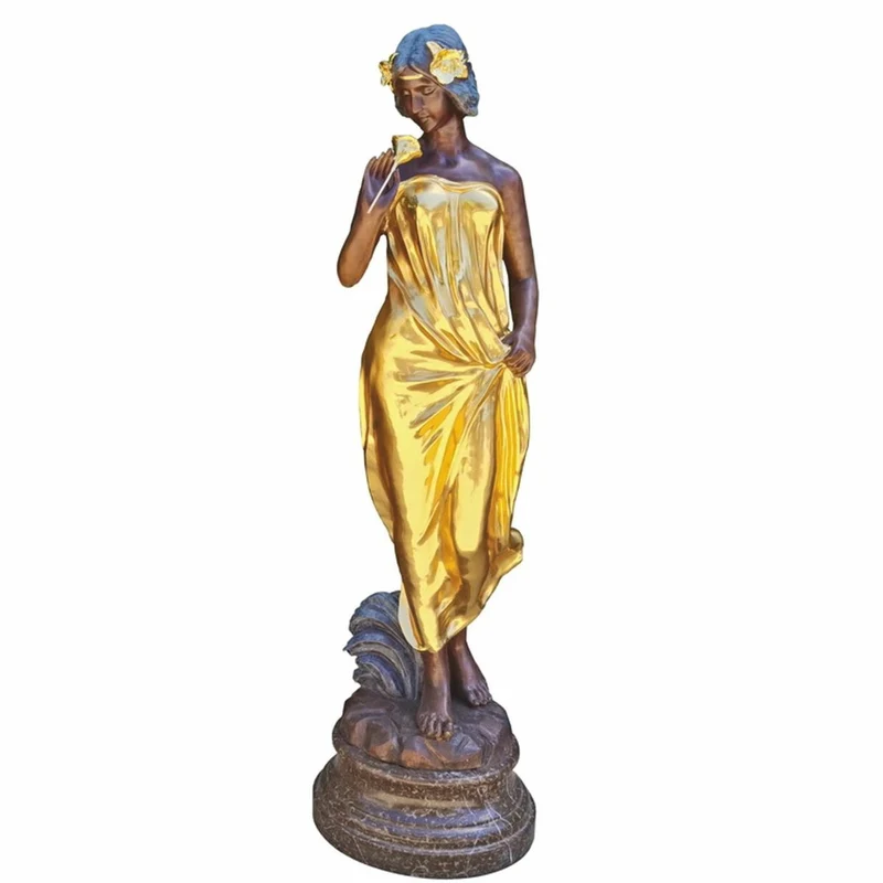 Casa Padrino Jugendstil Garten Deko Messing Skulptur Frau mit Blume Gold / Bronze / Schwarz H. 180 cm