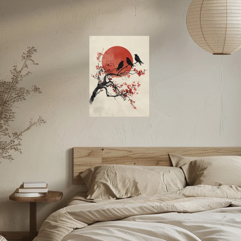 Drei Vögel auf Kirschblütenzweig Poster