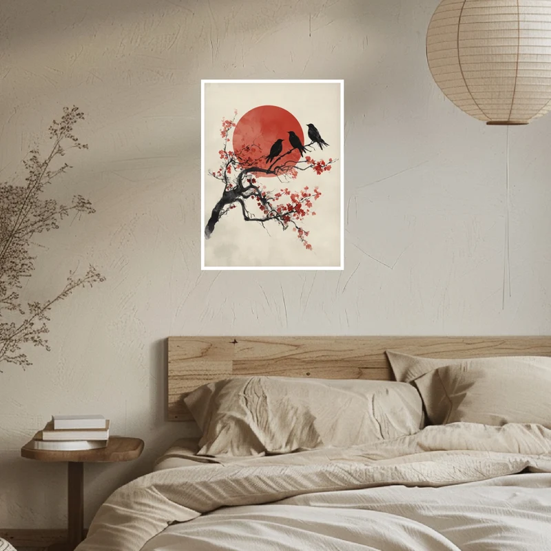 Drei Vögel auf Kirschblütenzweig Poster