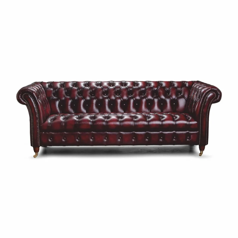 Casa Padrino Luxus Chesterfield Leder 2er Sofa Dunkelweinrot / Messing 200 cm - Echtleder Möbel