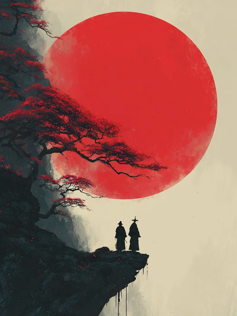 Mönche vor rotem Mond Poster