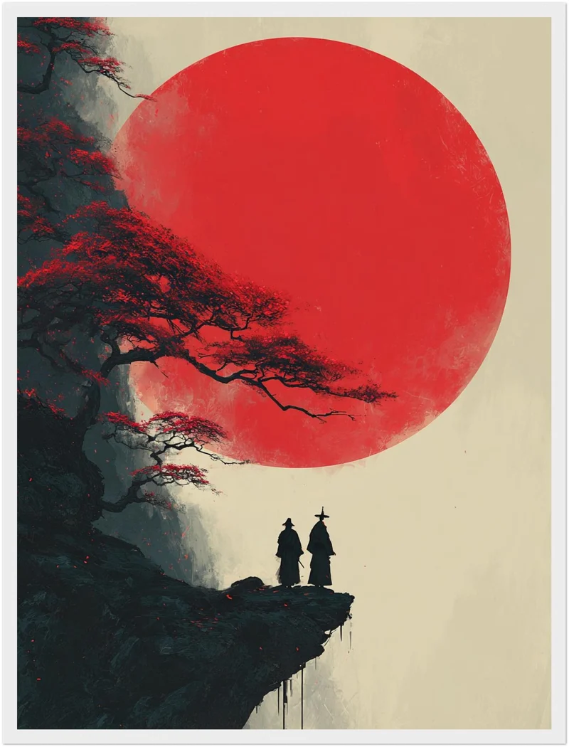 Mönche vor rotem Mond Poster