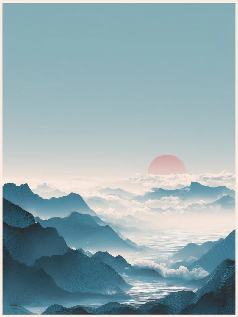 Berge mit roter Sonne Poster
