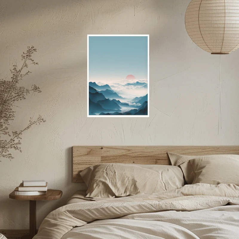 Berge mit roter Sonne Poster