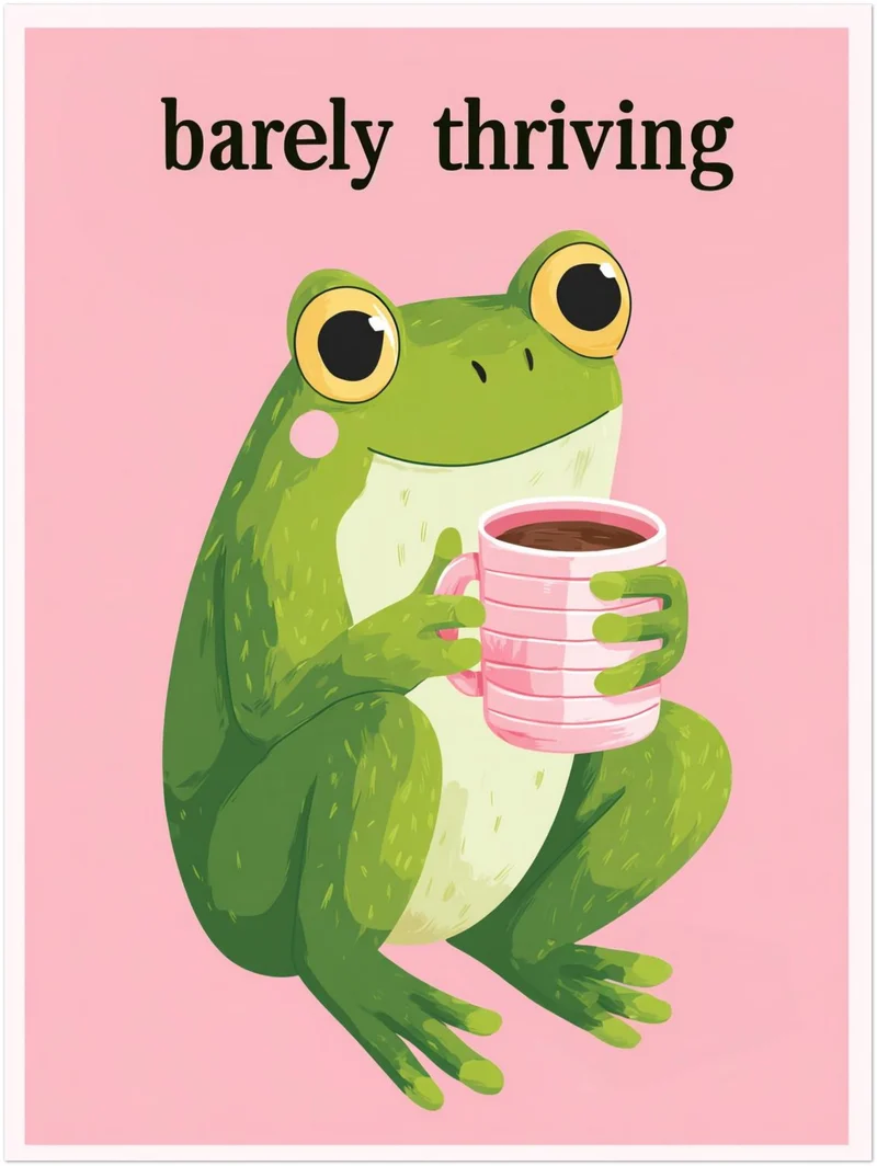 Frosch mit pinker Kaffeetasse Leinwandbild