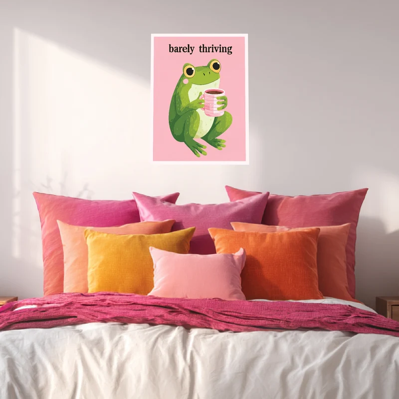 Frosch mit pinker Kaffeetasse Leinwandbild