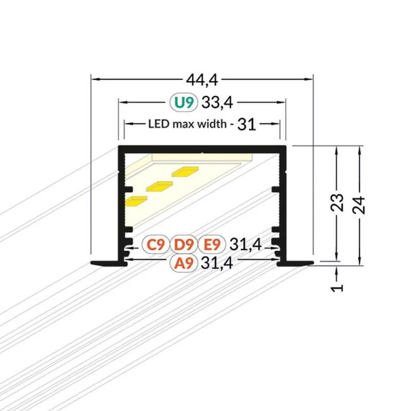 XXL Einbauprofil 200cm Alu-eloxiert ohne Abdeckung für LED-Strips