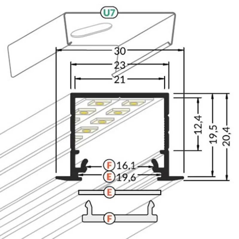 Einbauprofil tief 200cm Alu-eloxiert ohne Abdeckung für LED-Strips