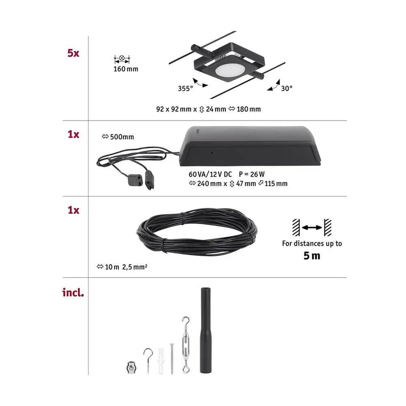 CorDuo LED Seilsystem Mac Basis-Set Schwarz-Matt, Chrom