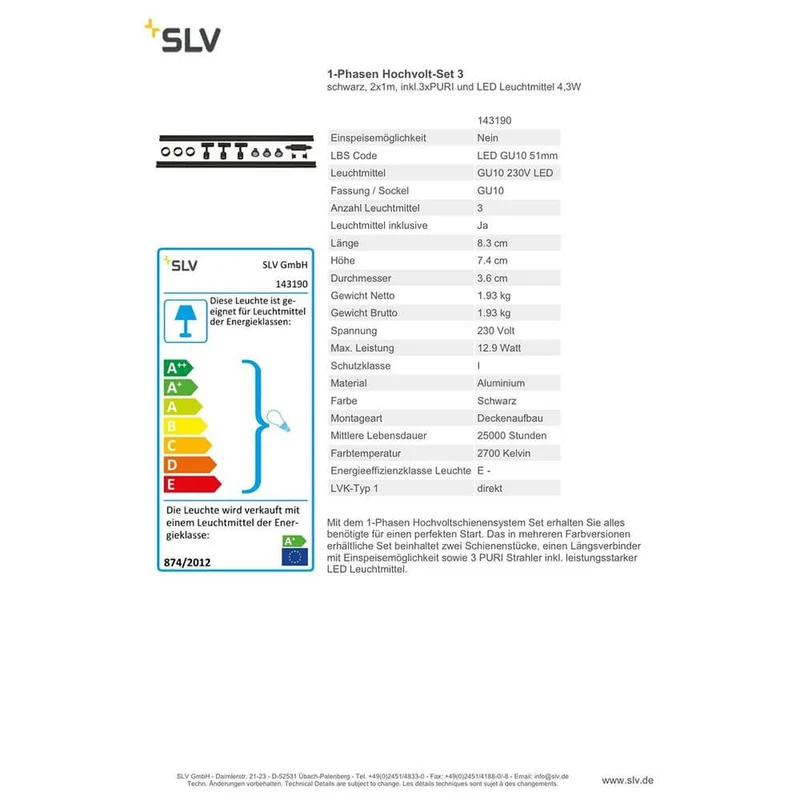 Puri LED 1-Phasen Hochvolt-Set Schwarz 2x1m