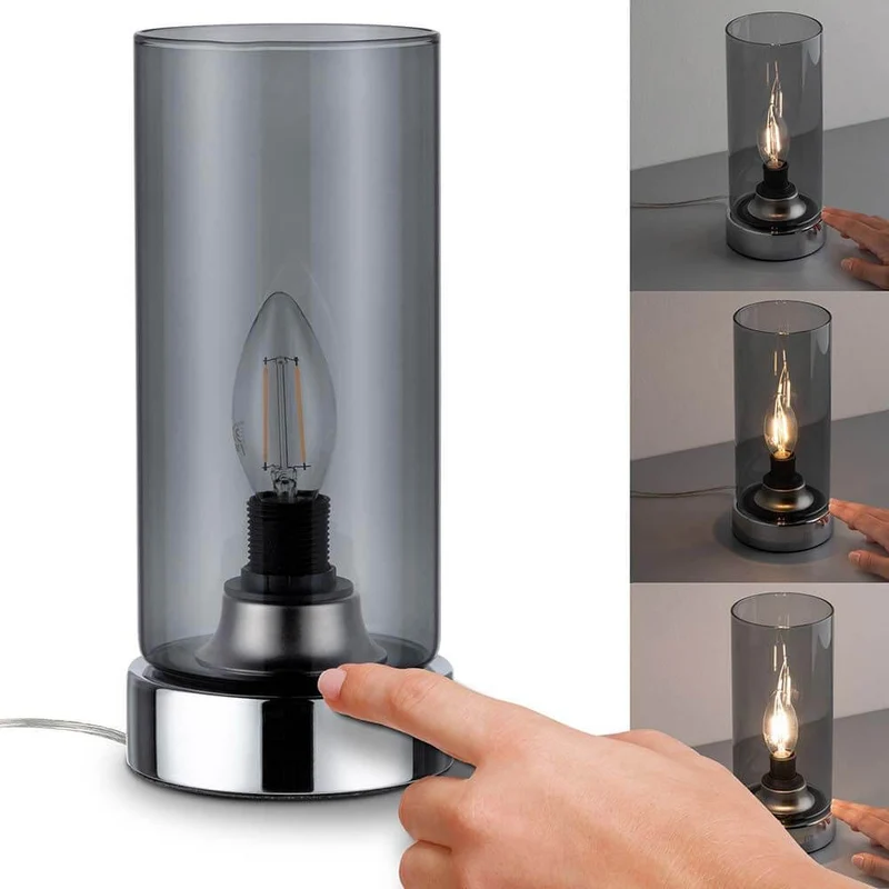 Tischleuchte Pinja mit Touch-Schalter Chrom, Rauchglas
