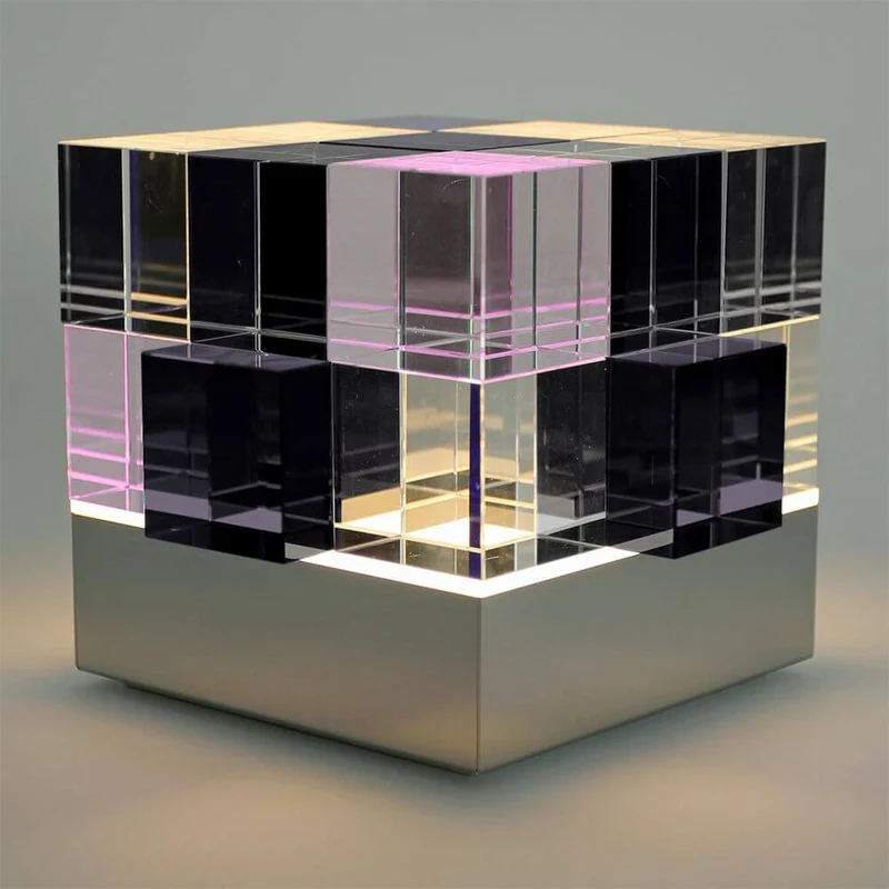 Tecnolumen Tischleuchte Cubelight Edelstahl Glas klar schwarz rosa